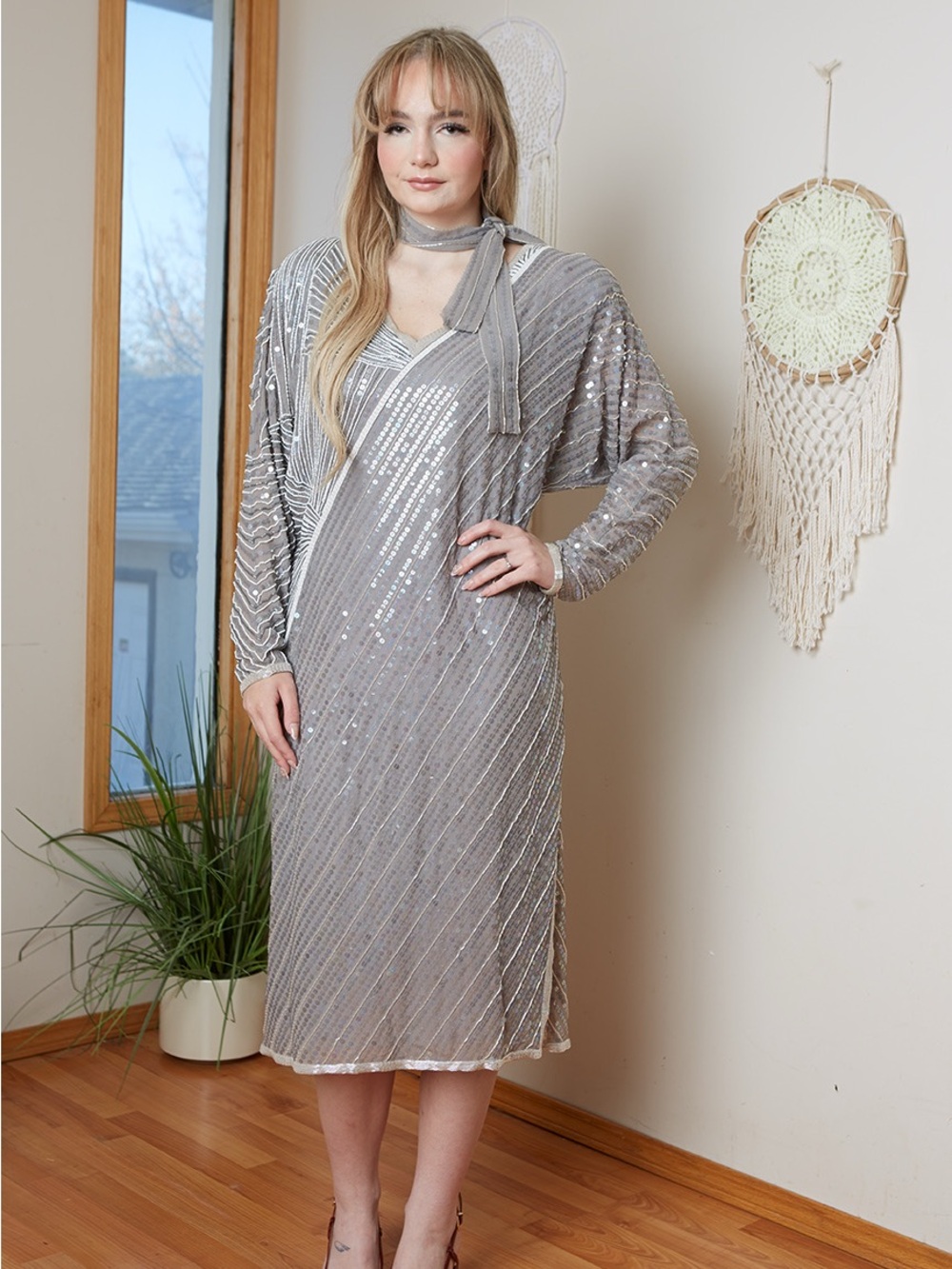 Vintage Diva Silk Silver Sequin and Bead V-Neck Art Deco Dress with Neck Scarf